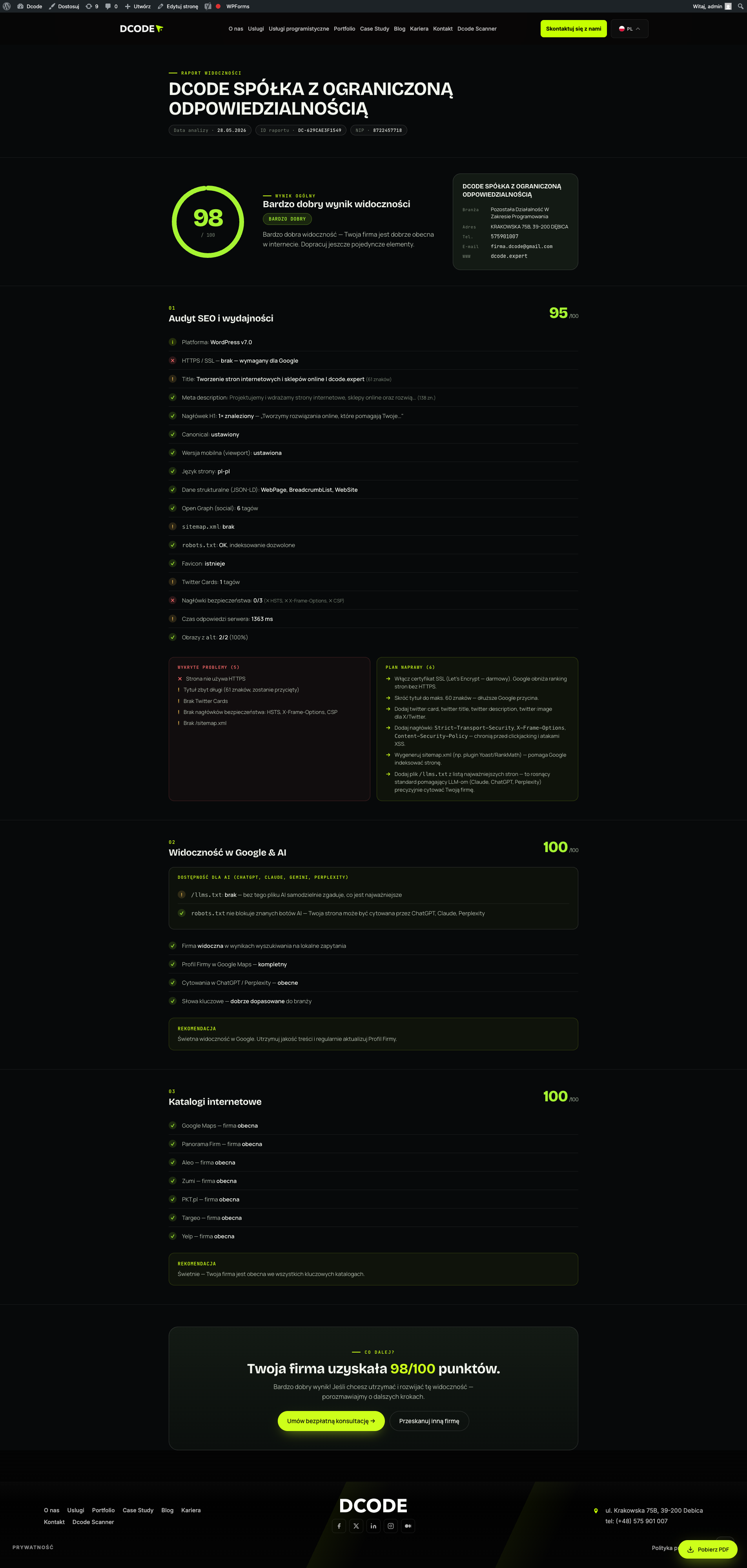 Przykładowy raport audytu SEO DCODE Scanner